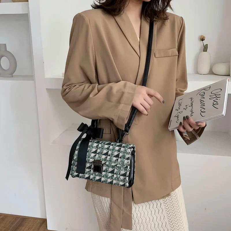 

Autumn And Winter New Style Woolen Plaid Square Sling Bag 2019 Korean-style Fashion Bow Handbag Crossbody Bag Bags