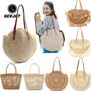 

Round Straw Beach Bag Vintage Handmade Woven Shoulder Bag Raffia Circle Rattan Bags Bohemian Summer Vacation Casual Bags DC1