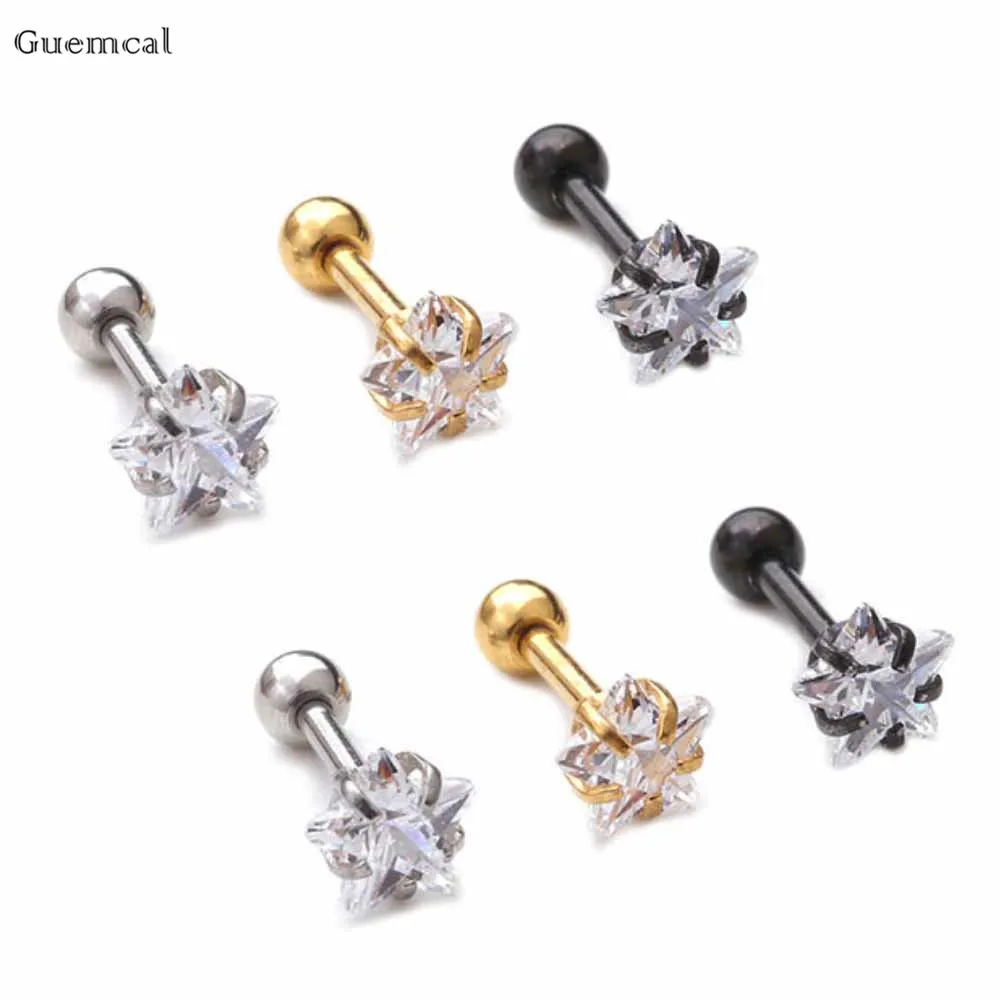 Guemcal 2pcs New Stainless Steel Five-pointed Star Threaded Ball Earrings Human Body Piercing Jewelry