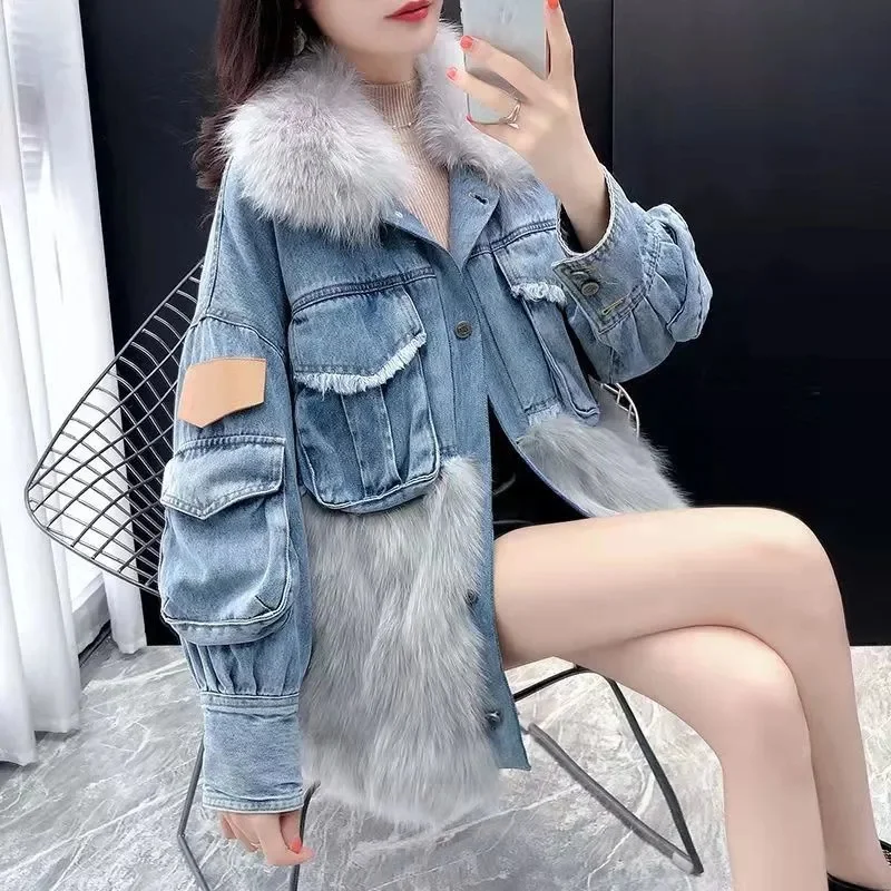 

Женская зимняя джинсовая куртка Nice Pop, толстая Свободная куртка из искусственного лисьего меха, ковбойская одежда, джинсовые куртки, верхняя одежда, Дамское пальто