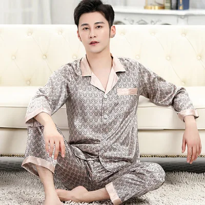 Pajamas men's spring and autumn thin ice silk pajamas men's long-sleeved summer men's pajamas short-sleeved home service suits red plaid pajama pants