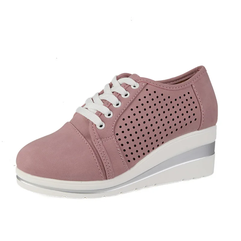 Для женщин женские туфли-лодочки на высоком каблуке; кроссовки из pu кожи женская обувь с полым каблуком из дышащего материала на танкетке со шнуровкой; кроссовки на платформе; повседневная обувь - Цвет: Розовый