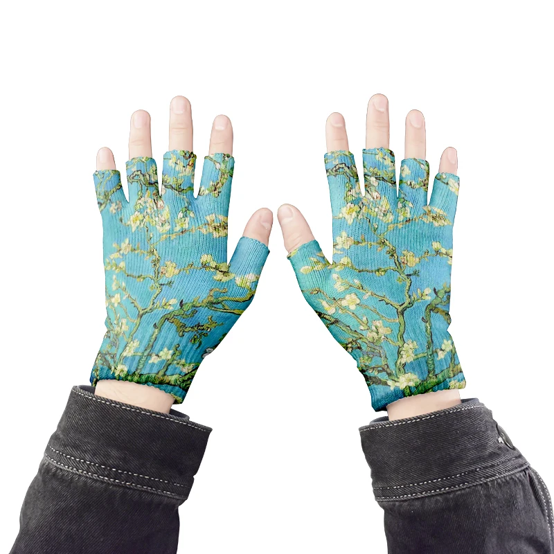 Van Gogh Oil Painting Half Finger Gloves Warm Women Knitted Fingerless Gloves Work Sports Non-Slip Sunflower Starry Night Gloves