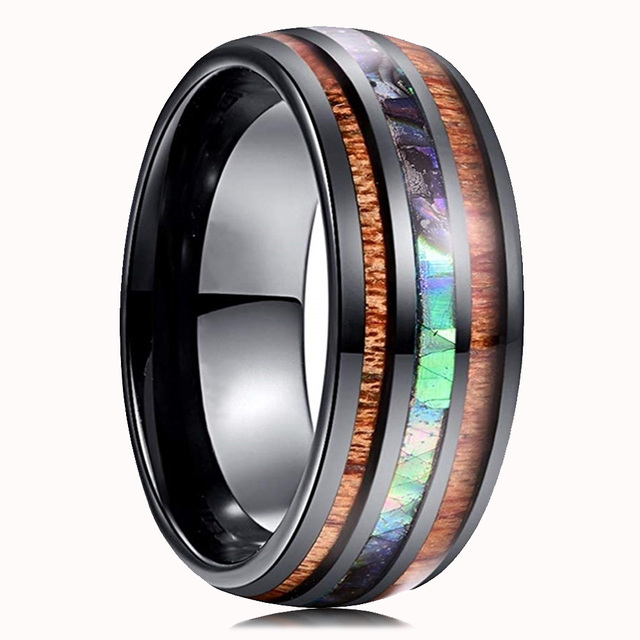 Fashion 8mm Men Black Tungsten Wild Life Hunting Ring Koa Wood Inlay Deer Family Silhouette Steel Ring Men Wedding Band