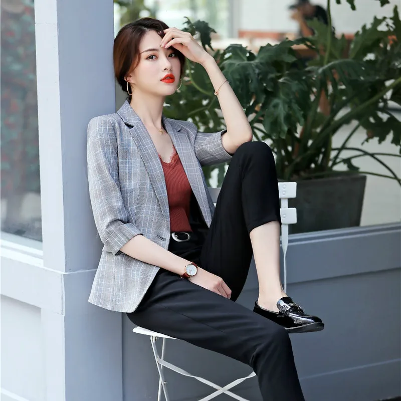 Female Elegant Formal Office OL Fashion Casual Grey Blazer Women Jackets Half Sleeve Ladies Work Wear Business Clothes OL Styles