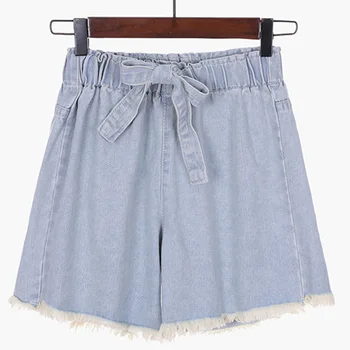 

Denim Shorts Women Large Plus Size 5XL Bow Short Jeans 2020 New Wide Leg Vintage elastic Waist Shorts Summer Big Clothes tassel