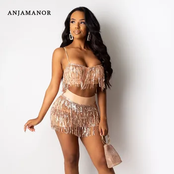 

ANJAMANOR Glitter Sequined Tassel Sexy Two Piece Set Bra and Panty Party Night Club Wear Birthday Outfits for Women D57-BZ30