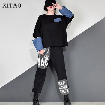 

XITAO Patchwork Ruffles T Shirt Denim Women Winter Trendy Fashion New O Neck Collar Long Sleeve Personality Top Pocket GCC4097