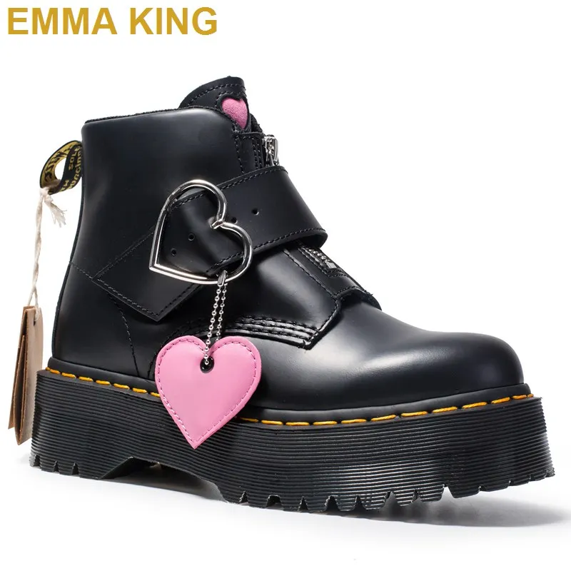 

Genuine Leather Ankle Boots Women Round Toe Martin Boots Heart Design Ladies Platform Shoes Autumn Winter Booties Woman 2019