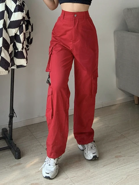 Heyoungirl Joggers For Women Casual Red Cargo Pants Hight Waist Streetwear  Pockets Korean Fashion Sweatpants Drawstring Trousers - Pants & Capris -  AliExpress