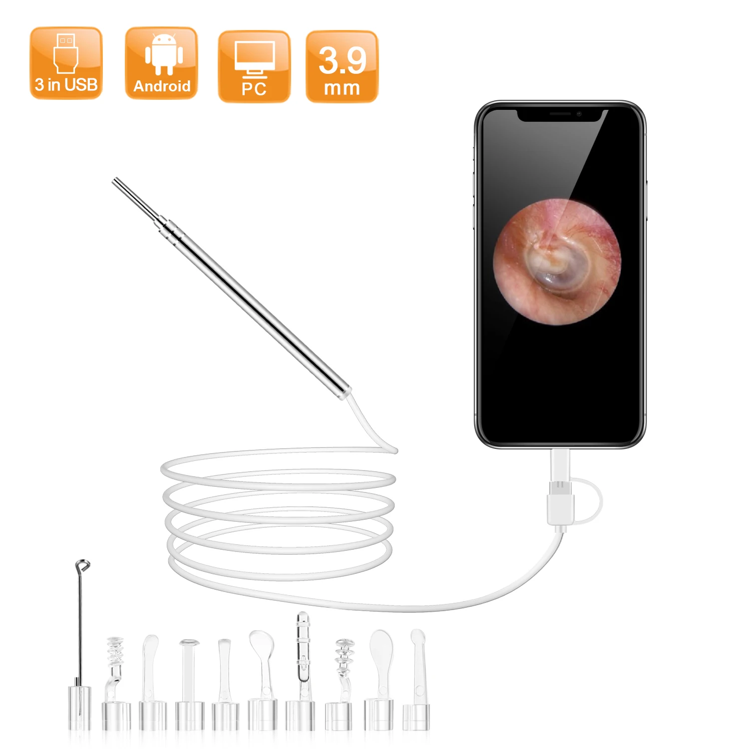Ear Endoscope Camera 3.9MM Lens HD 640*480P IP67 Waterproof Inspection