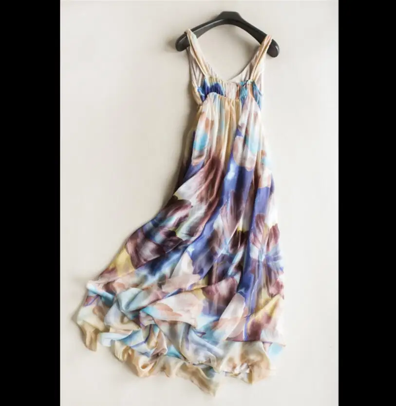 Bogeda новое женское шелковое платье длинные пляжные платья натуральное шелковое платье летнее с v-образным вырезом без рукавов Лидер продаж