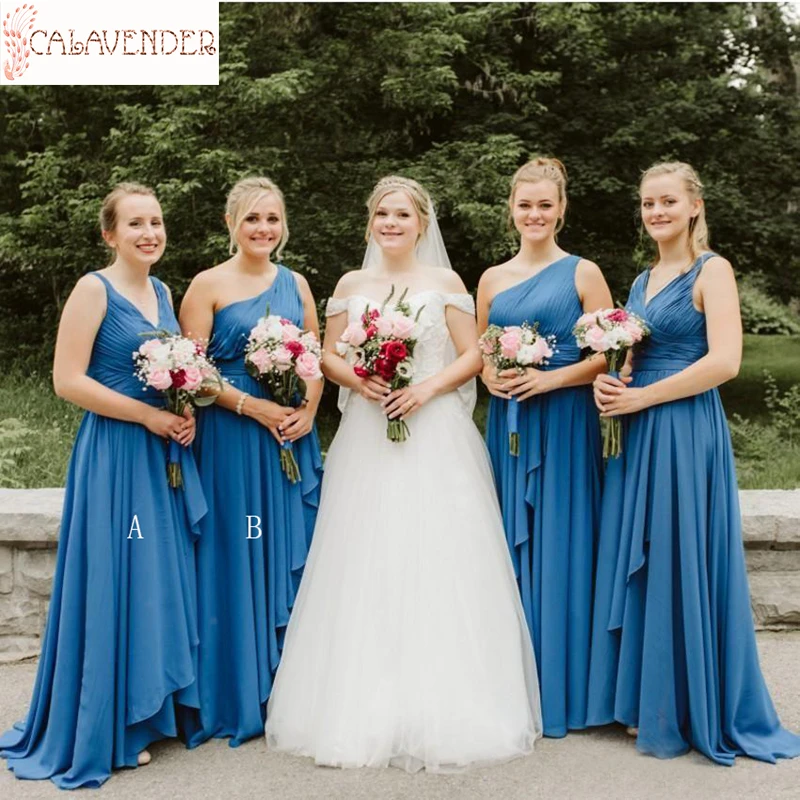 

Blue Bridesmaid Dresses V Neck One Shoulder Tiered Chiffon Skirt Sweep Train Custom Made Plus Size Maid of Honor Gown