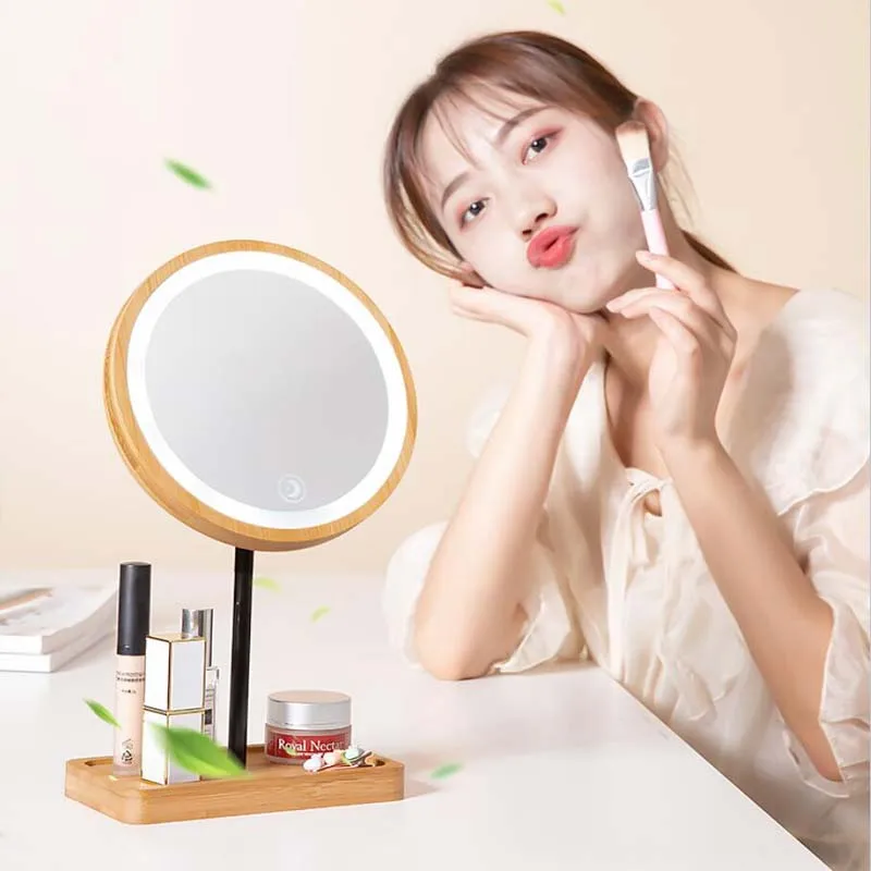 

Wooden Desktop LED Makeup Mirror USB Charging Adjustable Bright Diffused Light Touch Screen Beauty Mirrors