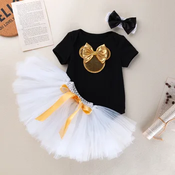 

Infant Baby Party Costume Girls Cartoon Lace Tulle Princess Dresses 3 Piece Suits Elastic Bow Headband First Birthday Outfits