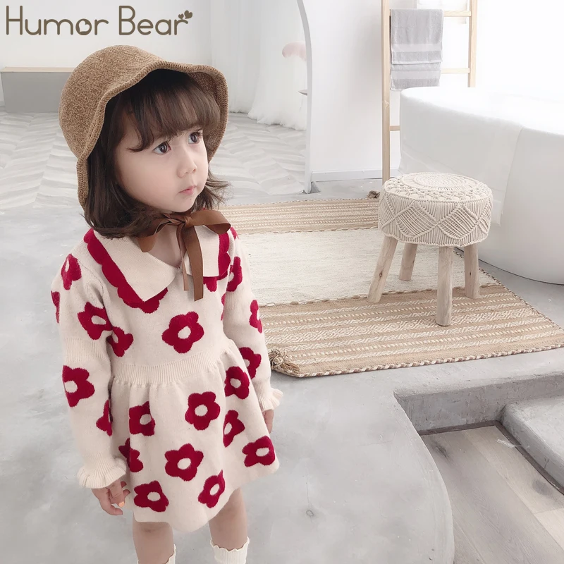 Humor Bear/Новинка года; свитер для девочек; сезон осень-зима; корейские платья с цветочным принтом; детский вязаный пуловер с отворотом; одежда; платье принцессы для малышей - Цвет: beige
