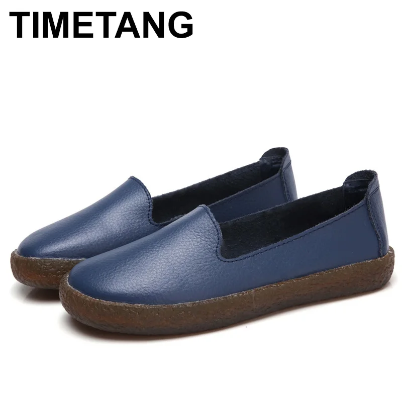

TIMETANG 2019 new SPRING / autumn genuine leather round toe sole soft solid surface stitching shoes for women flat loafersE017