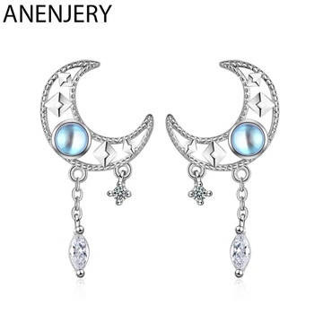 

ANENJERY Elegant Hollow Moon Zircon Tassel Dangle Earring With 925 Sterling Silver Moonstone Earring For Women S-E1013