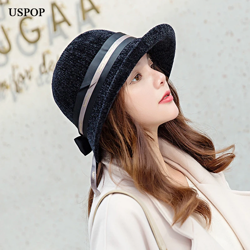 

USPOP 2019 Women bucket hats female corduroy bow bucket hats fedoras Winter thick warm hats