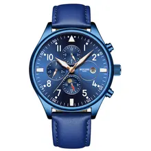 Новые синие автоматические механические часы мужские модные часы многофункциональные Роскошные мужские часы календарь часы водонепроницаемый кожаный ремешок