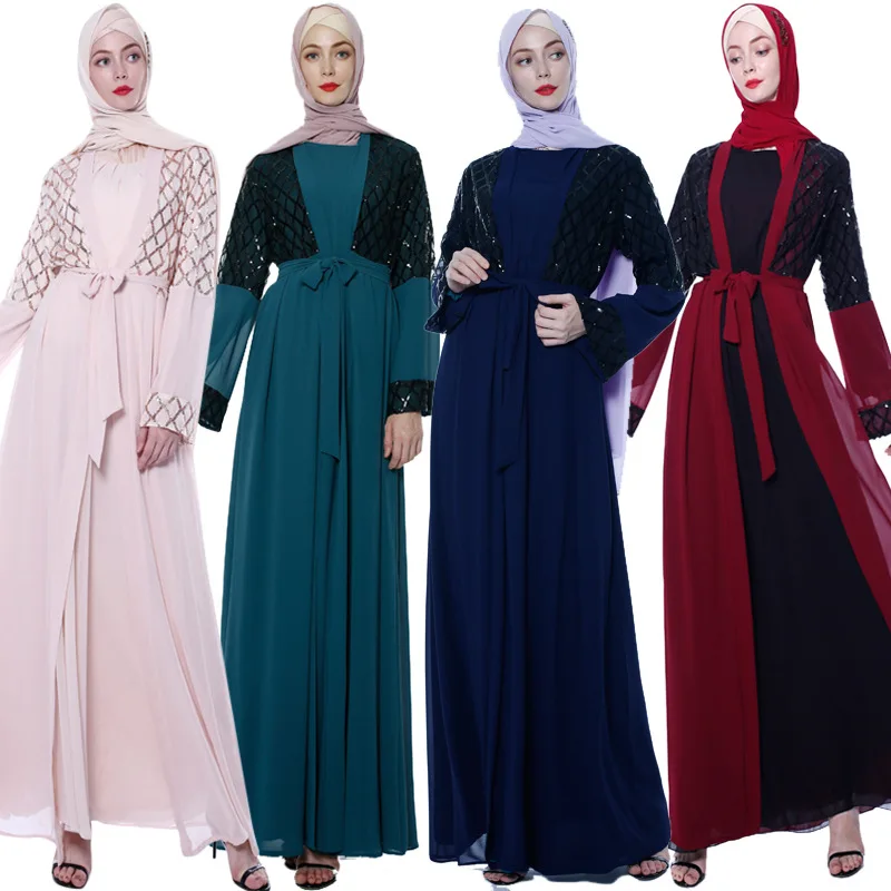 

Eid Coat Abaya Dubai Turkey Muslim Fashion Robe Chiffon Cardigan Kimono Sequins Elegant Outwear Islam Clothing