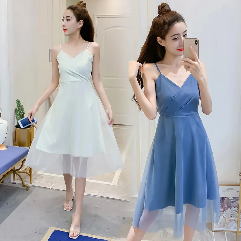 

2019 Summer Wear New Style Korean-style Mid-length V-neck Waist Hugging Strapped Dress-Pleated Mesh Skirt Women's