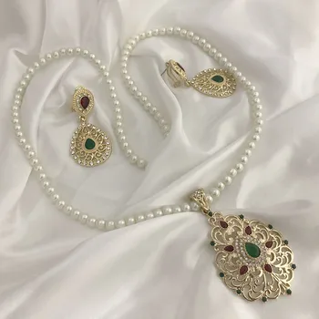 

Moroccan water-drop golden pendent caftan pearl long chain necklace earring and necklace for morocco women jewelry
