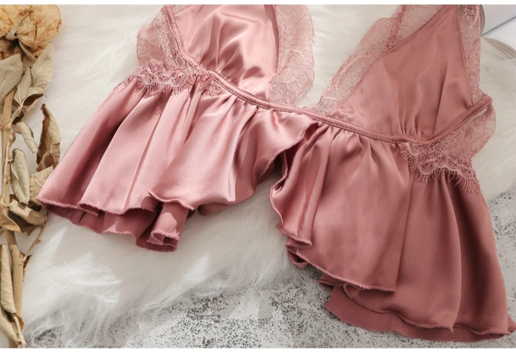 Без рукавов нижнее белье Babydoll Ночное белье шорты одежда для сна, пижамный комплект из 2 предметов Для женщин женские однотонный Атлас Кружева сексуальное