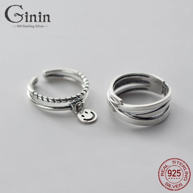 

Ginin925 Sterling Silver Ring for Women Korean Style Retro Style Thai Silver Double-Layer Twist Smile Face Glossy Hand Jewelry