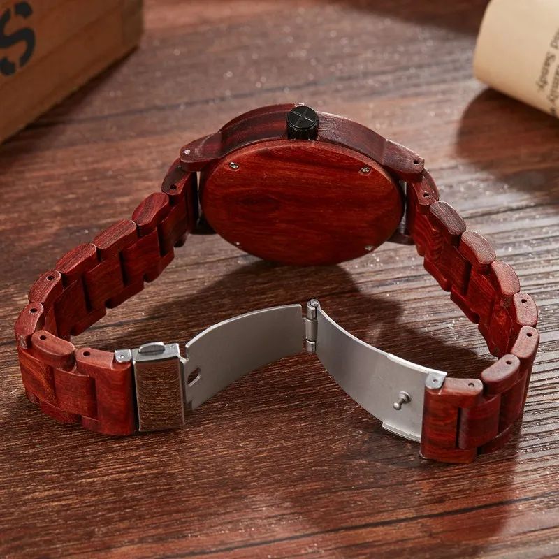 Multifunctional Wooden Wristwatch Men Quartz Wrist Watches Fashion Man Clock Black Walnut Red Rose Wood Band Dial Case Reloj