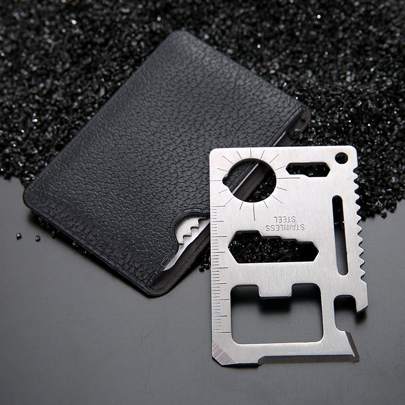 Cuchillo de bolsillo de acero inoxidable 11 en 1 para tarjetas de crédito, con bolsa de cuero, abrebotellas, herramientas tácticas, Kits de supervivencia al aire libre, EDC, 1 Uds.