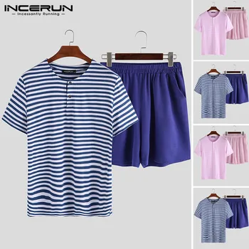 

Men Unisex Pajama Set Striped Print Sleepwear Loose Short Sleeve Pants Pyjamas Couple Casual Home Service Suit INCERUN Plus Size