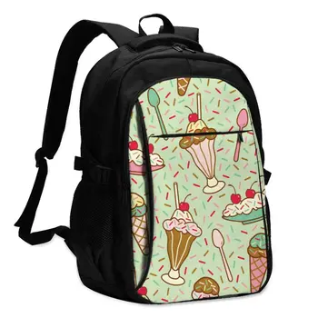 

Backpack USB Charge Women Ice Cream Desserts With Mint Background Student Backpack Letters Print School Bag Girls Backpack