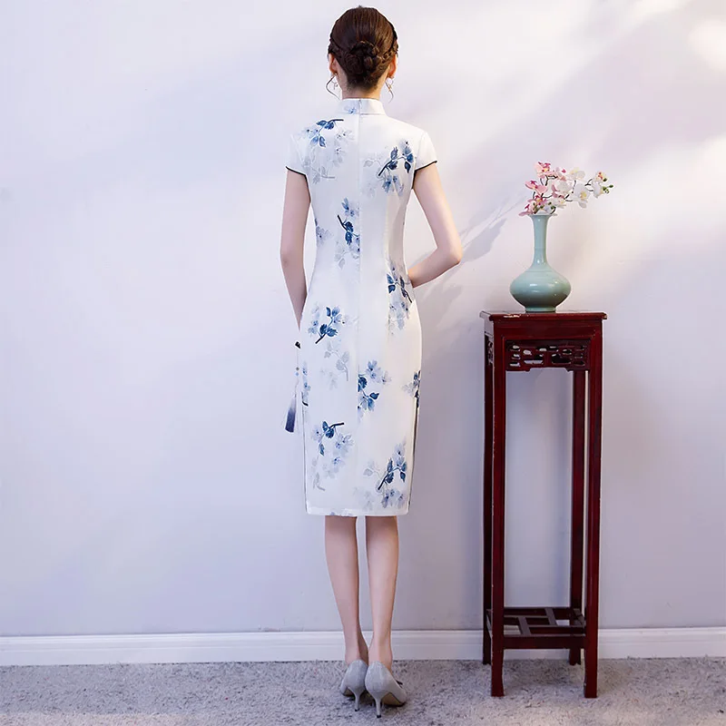 Стильный стильный принт в китайском стиле винтажное женское Короткое платье Qipao классический сценический показ Элегантный женский воротник стойка чонсам