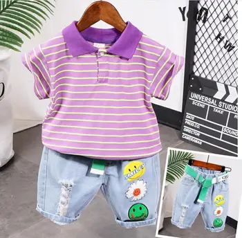 

2020 New Infant Kids Baby Boy Clothes Cotton Lapel t-shirts Tops + denim shorts 2pcs Outfits Summer boys Clothes Set 2-7years