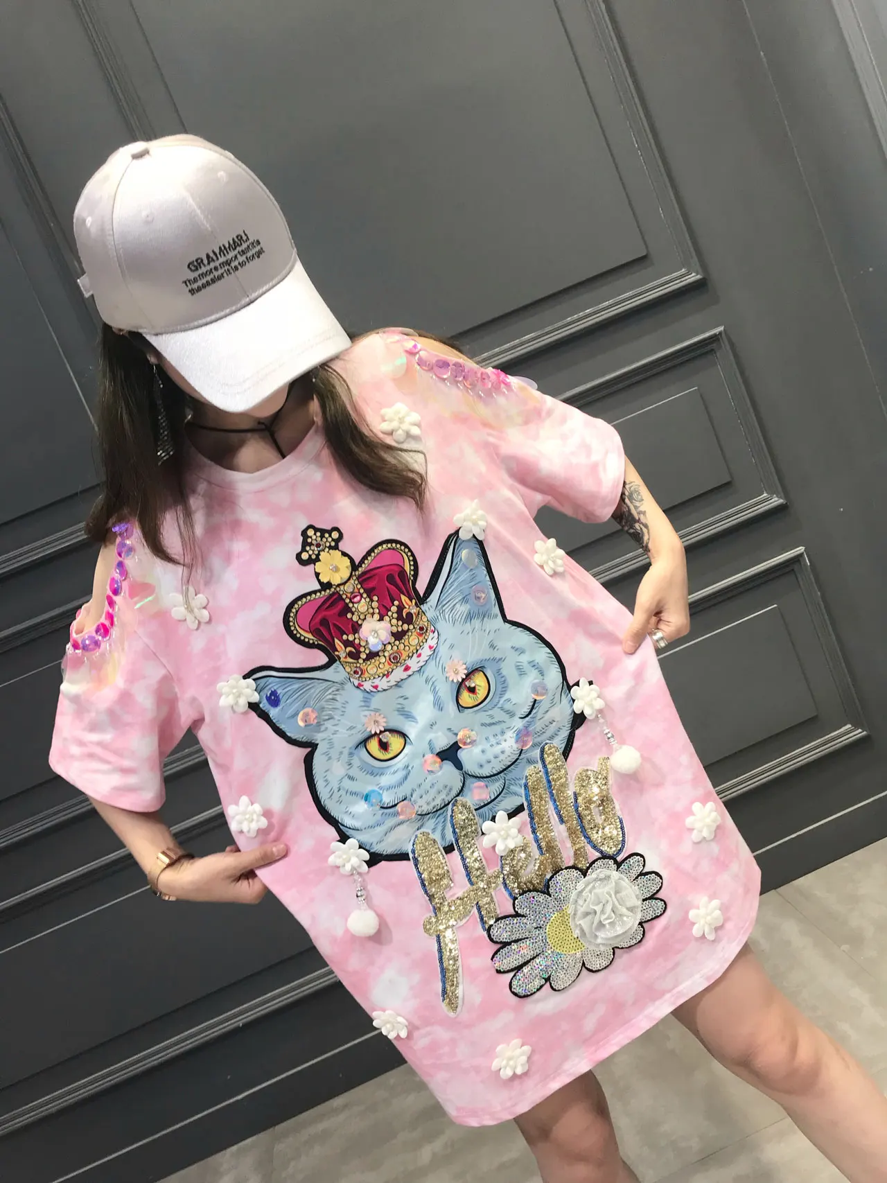 Kawaii, расшитые блестками топы с котом, женская розовая Повседневная футболка с коротким рукавом и круглым вырезом, женская летняя футболка для отдыха, женская футболка с открытым плечом, SA340S30