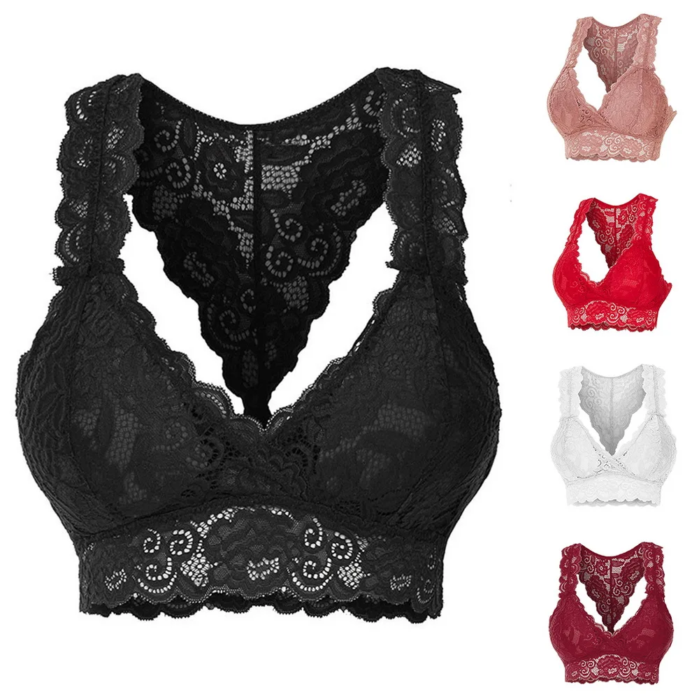 New Solid Color Lace Intimates Underwear Sexy Vest Female Add Pad Transparent Wireless Bra Seamless Lingerie Tops