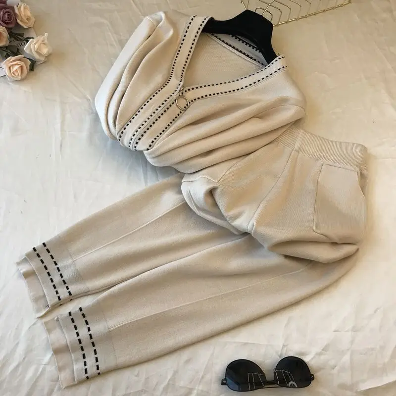 lounge wear Women 2 Piece Set Spring Autumn Womens Clothing Fashion V Neck Zipper Sweater And Slim Pants Knitted Two Piece Outfit Femme coord sets women