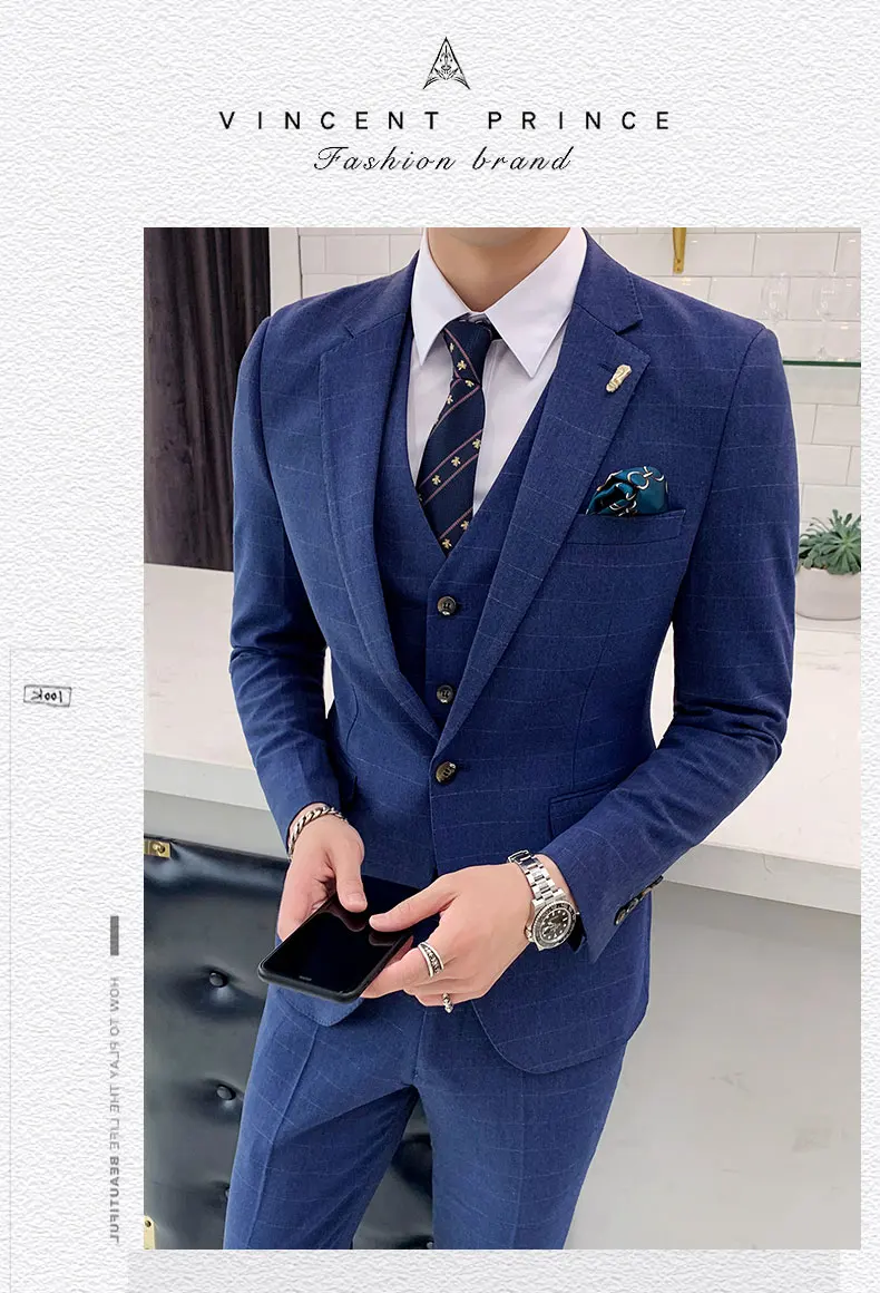 Темно-хаки синий клетчатый костюм для мужчин Slim Fit Мужская официальная одежда мужские деловые костюмы высокого качества 3 шт свадебный костюм для жениха YM4