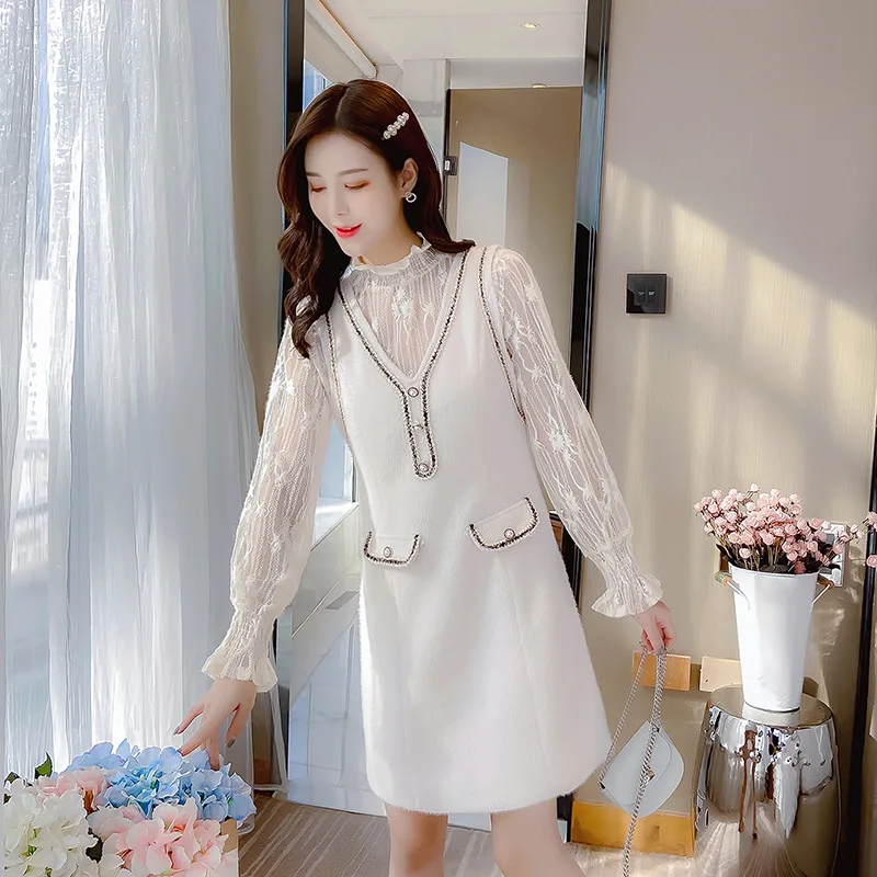 

Skirt Spring Early Spring New Style Graceful Woolen Vest Dress WOMEN'S Dress Western Style Lace Shirt Two-Piece Set