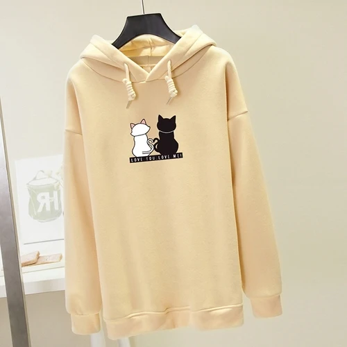 Kpop толстовки женские Kawaii Милая одежда Свободные повседневные трендовые утепленные толстовки с капюшоном пуловеры с длинным рукавом Новые - Цвет: Apricot