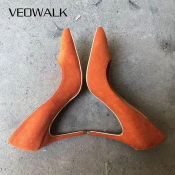 

Veowalk Solid Orange Women Flock Pointed Toe High Heels Elegant Ladies Slip On Stilettos Pumps Classic OL Dress Shoes 8/10/12cm