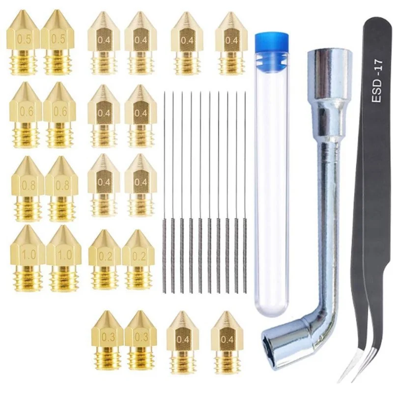 3D Printer MK8 Nozzle Set 1.75mm 0.2/0.3/0.5/0.6/0.8/1.0mm & Tweezers & Spanner& 0.35 Needles for Creality CR-10 10S Ender 3 5 0 4mm mk8 brass nozzles 1 75mm filament hot end nozzles for creality ender 3 ender 3 pro ender 3 max cr 10 series 3d printer