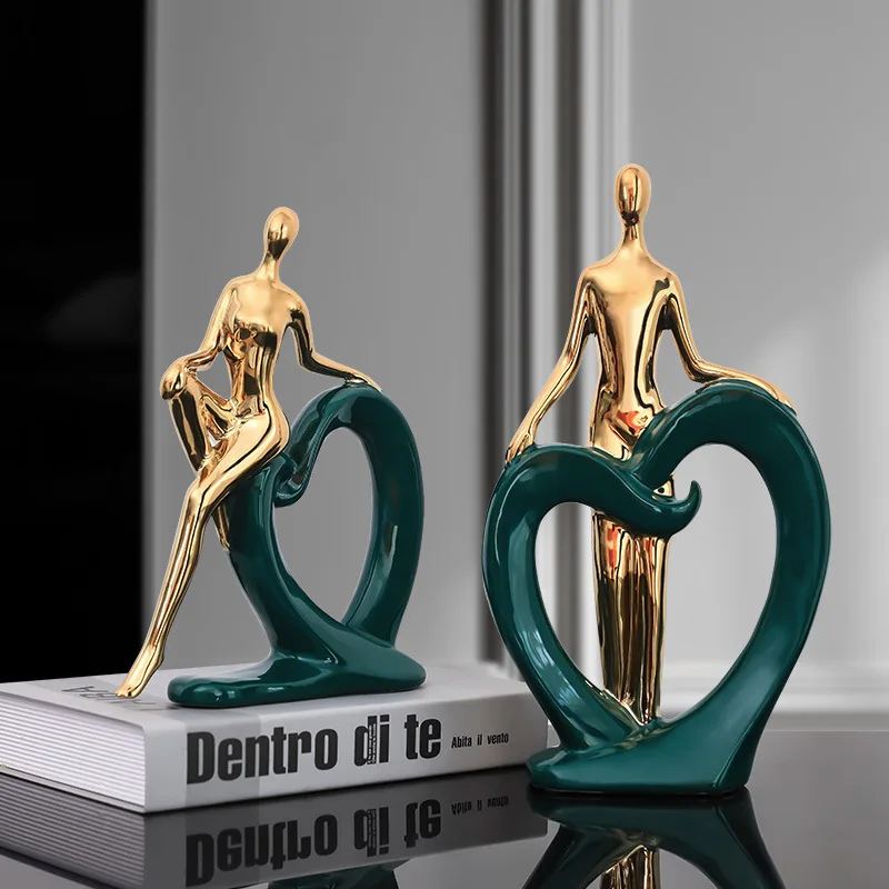 

Nordic Plating Ceramic Heart-shaped Lovers Couple Figurines Wedding Room TV Cabinet Abstract Art Statue Wedding Ornaments Gift