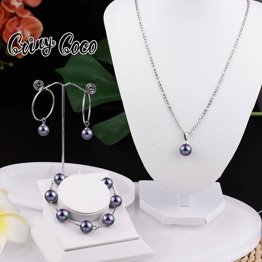 Cring Coco Stainless Steel Jewelry Sets Green Pearl Bracelet Pendant Necklaces Hoop Earring Set Hawaiian Necklace for Women 2021