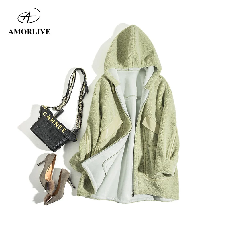 

AMOR LIVE 2019 Hooded Wool Winter Coat For Woman Zipper Casual Thick Warm Jacket Female Oversize Hooded Outwear 