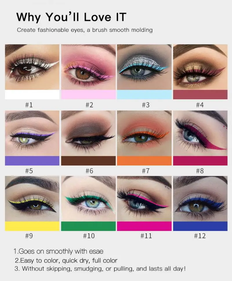 12 Color Eyeliner Matte Liquid Eyeliner Quick Dry Waterproof Eye Liner Pencil Brown Purple Color Eyeliner Cosmetic Makeup Tool T