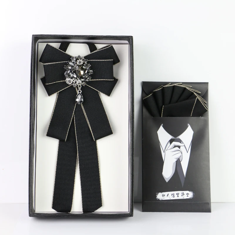 2pcs Bow Tie Set Британский мужской женский ленточный галстук-бабочка, носовой цветок, карманный квадратный свадебный галстук для рубашки, пальто, сплав, стразы носовые платки с бантиком - Цвет: 2pcs Bow Tie Set