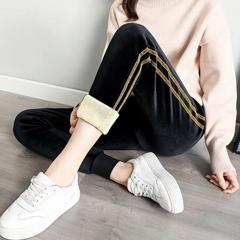 

Fall Winter Pants Joggers Sweatpants Women Casual Thickened Lamb Wool Warm Trousers High Waist Side Stripes Woman Korean Pants