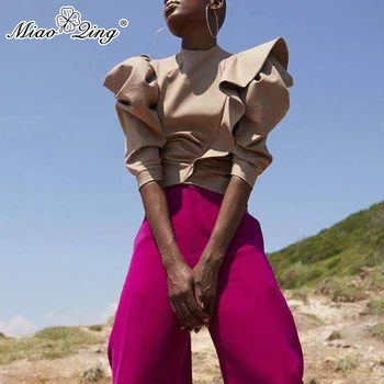 

MIAOQING Casual Patchwork Ruffles Blouses For Female Stand Collar Puff Half Sleeve Tunic Ruched Shirt Women Fashion 2020 New